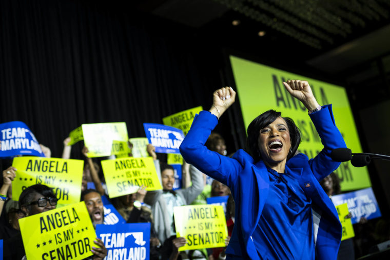 Senator candidate Angela Alsobrooks (D-MD) arrives on stage to speak after the Election results are announced, during the Angela Alsobrooks Election Night event hosted by the Maryland Democratic Party, on Election Day, Tuesday November 5, 2024, College. Park, Maryland.  