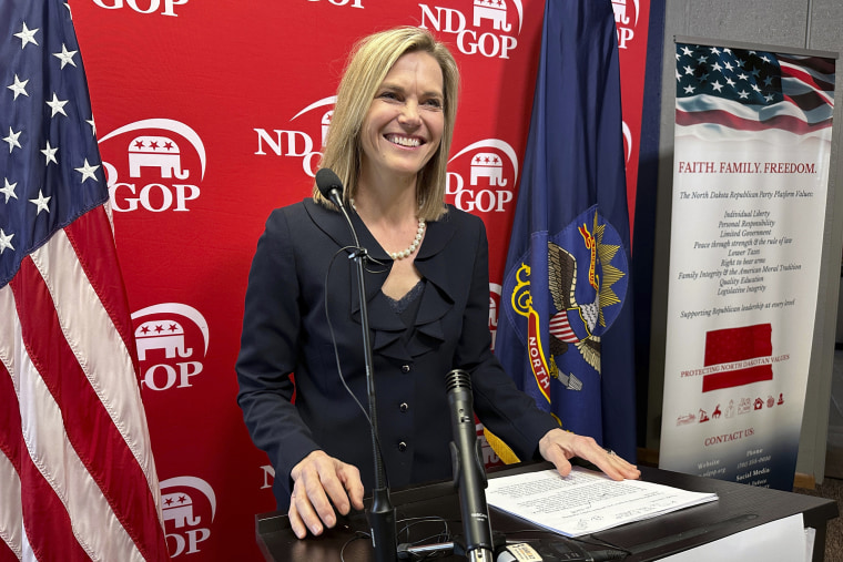 North Dakota Republican Public Service Commissioner Julie Fedorchak steps up to the lectern to announce her candidacy for the US House at the Republican Party headquarters in Bismarck, ND, February 15, 2024. 