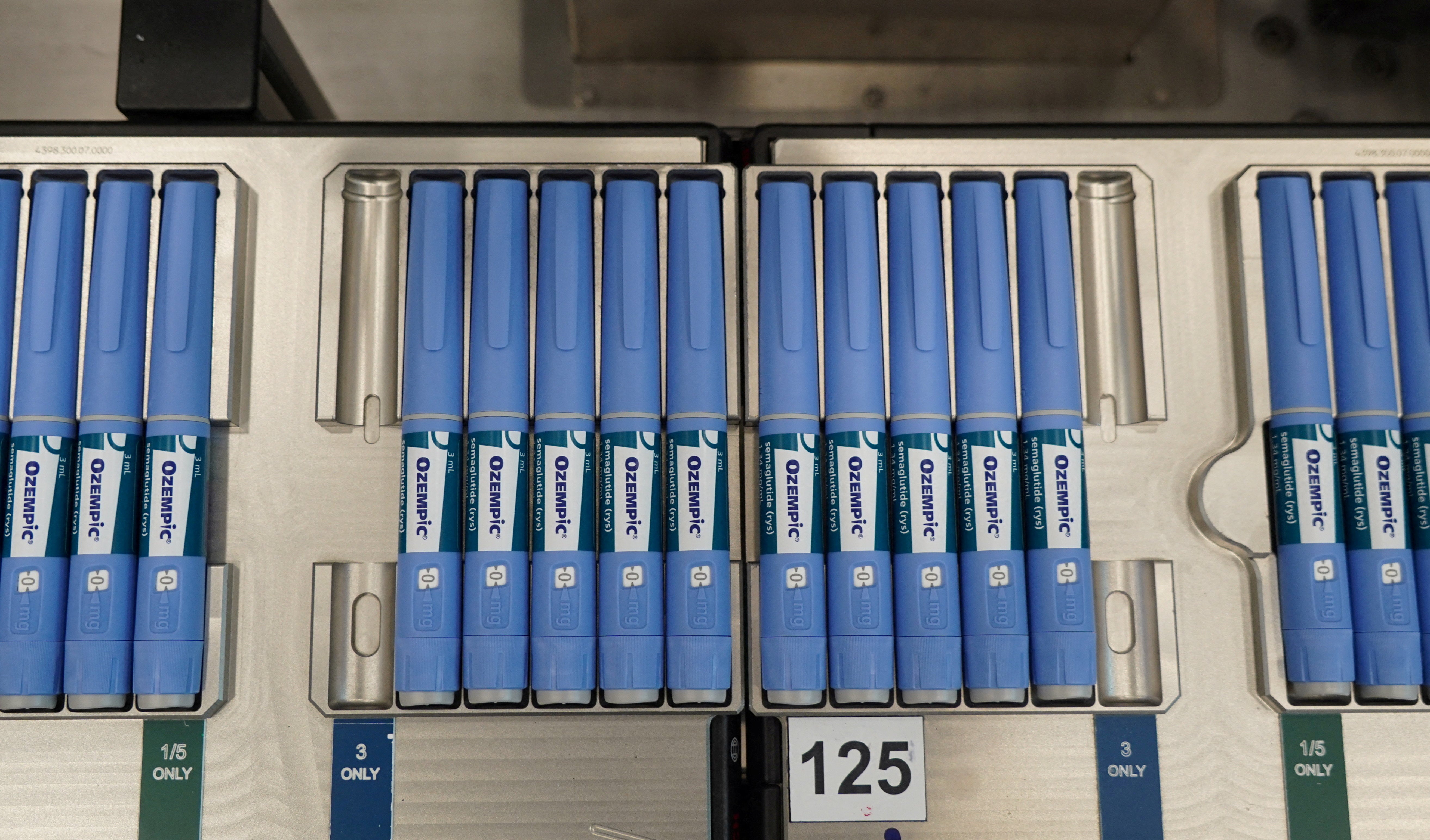 Pens for the diabetes drug Ozempic sit on the production line at Danish drugmaker Novo Nordisk's site in Hillerod, Denmark.